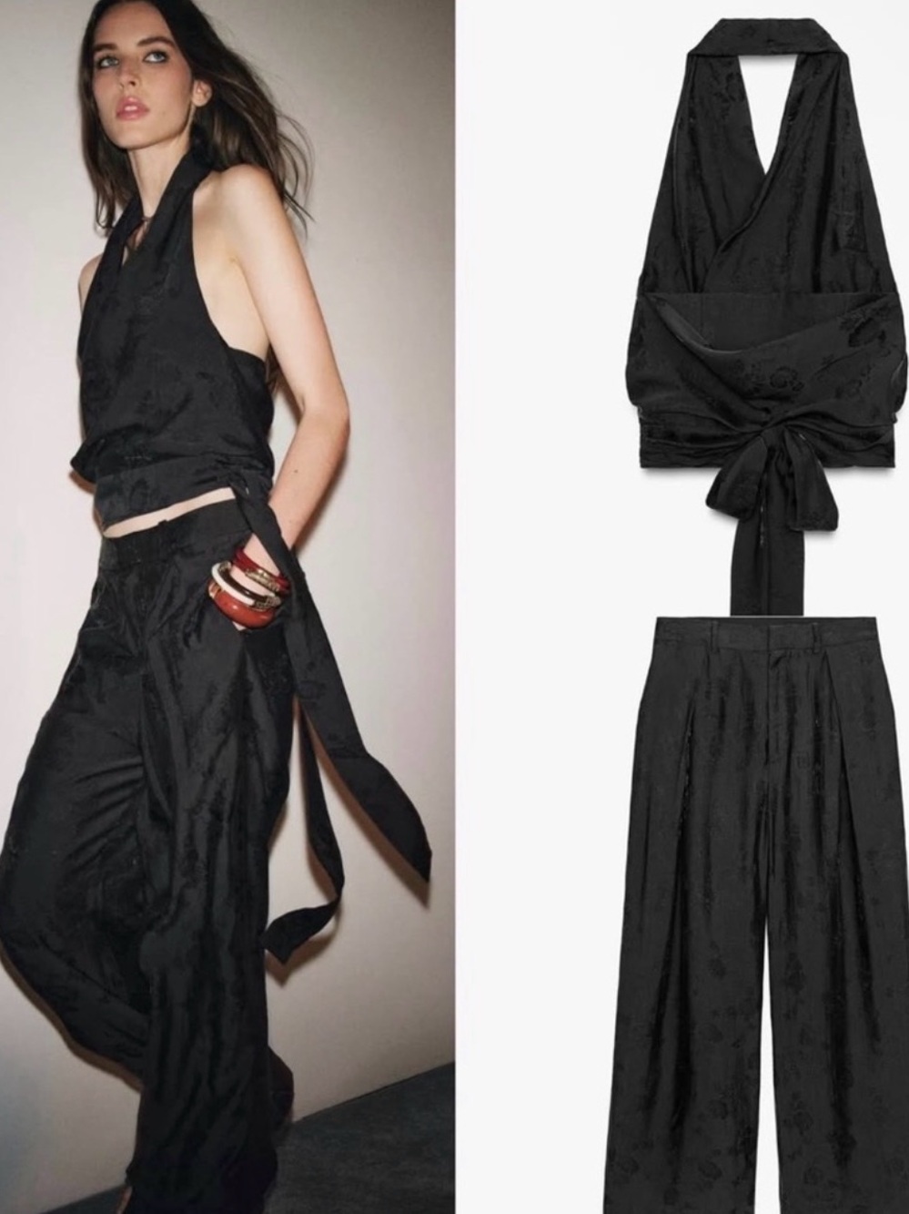 Zara Black Halter Wrap Top and Wide Leg Pants Set